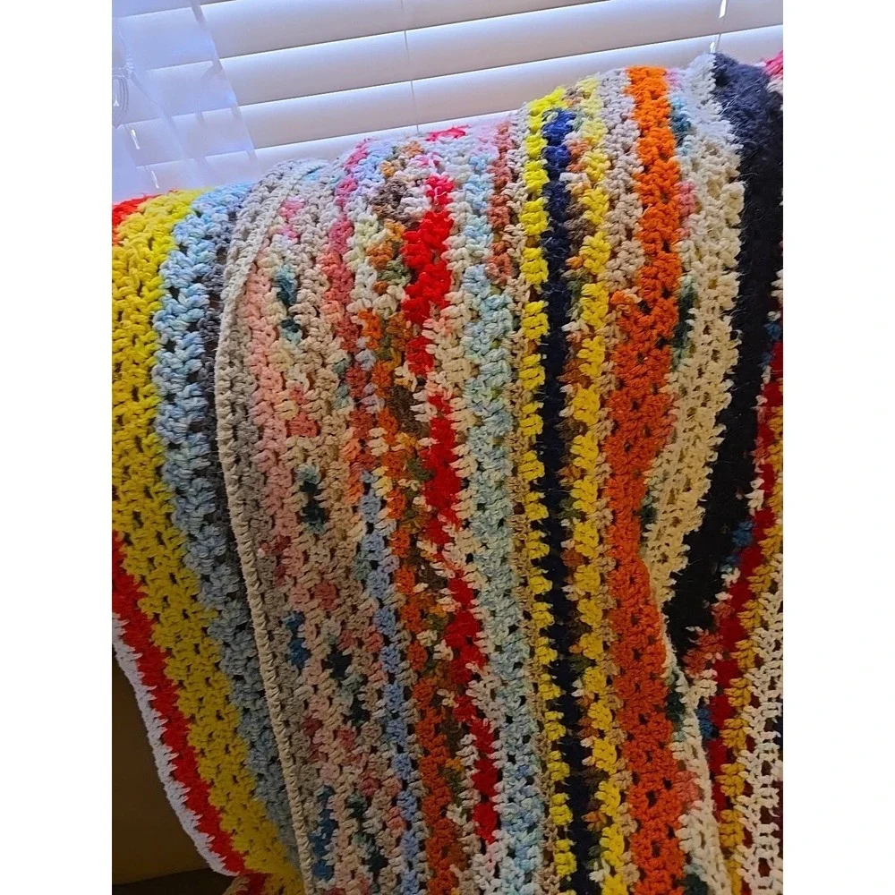 Vtg Crochet Blanket Throw Handmade Granny Stripe Multicolor Boho 56x47 Afghan